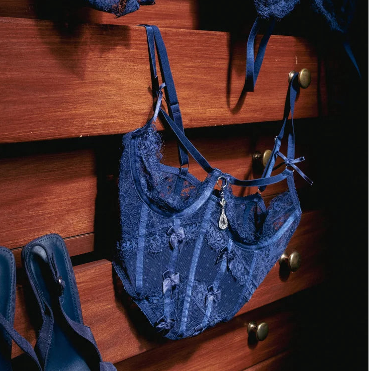 navy blue lingerie cupless corset hanging on a set of mahogany chest drawers with blue heels and other pieces surrounding it.