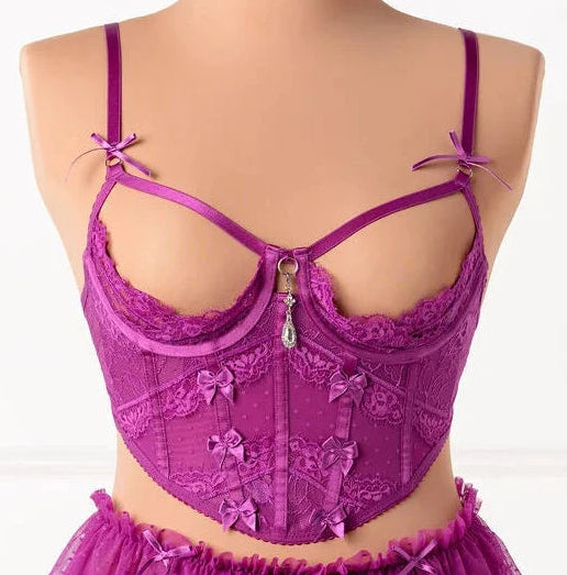 Lacy Underwire Jeweled Cupless Corset - Plum