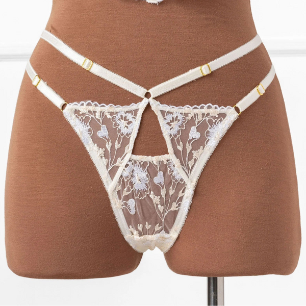 Embroidered Strappy Thong - Pearl