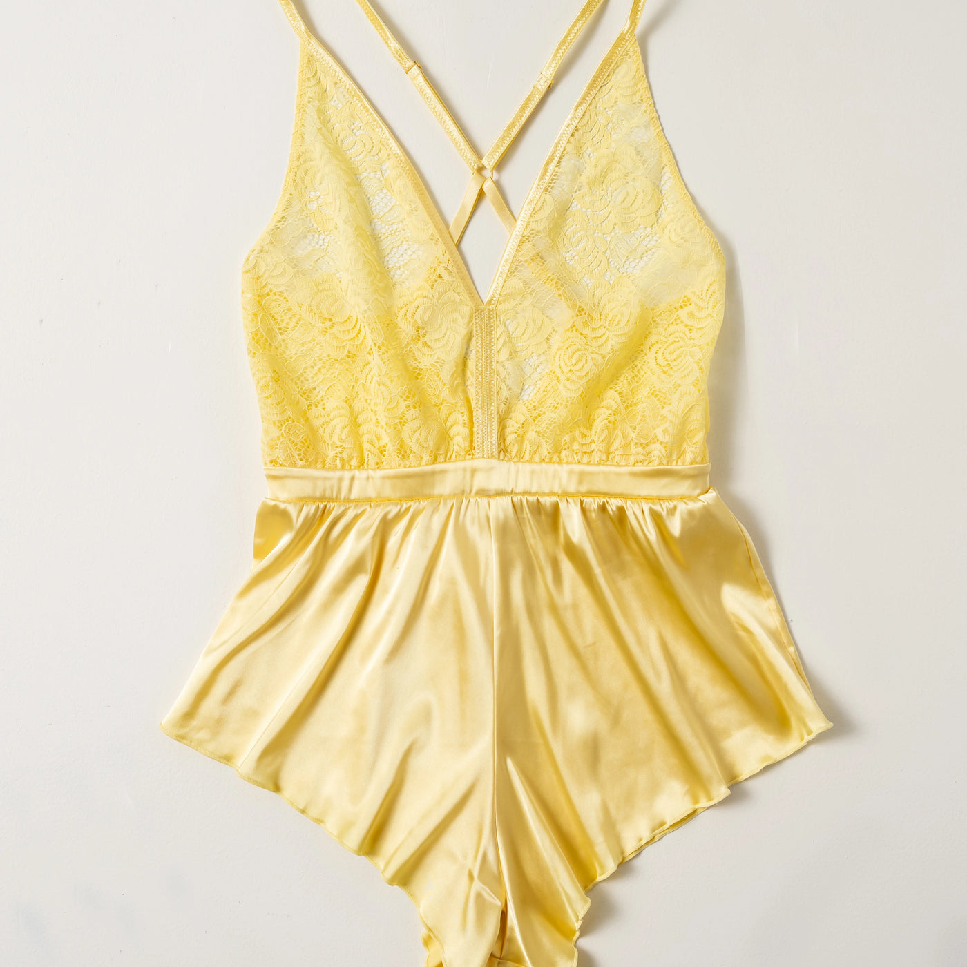Lacy Deep Plunge Satin Romper - Lemon Chiffon