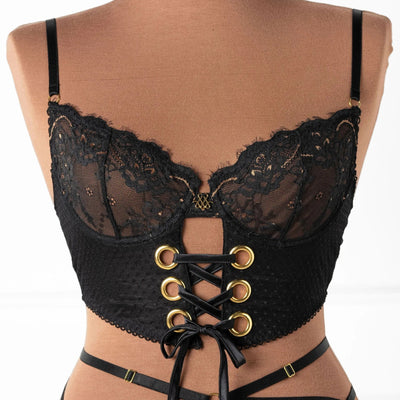 Eyelash Lace Underwire Lace Up Bustier - Black