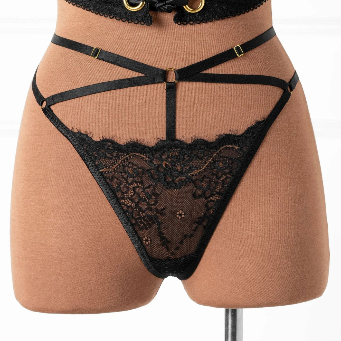 Lacy Strappy Thong - Black