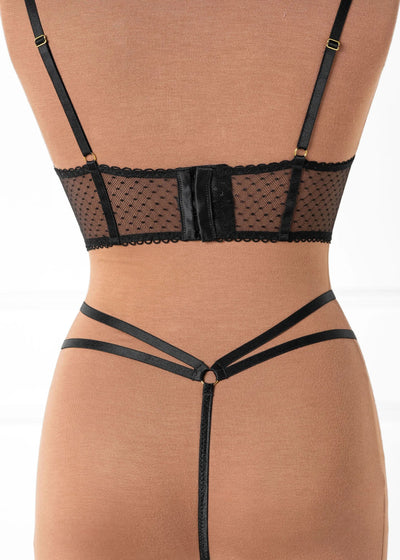 Eyelash Lace Underwire Lace Up Bustier - Black