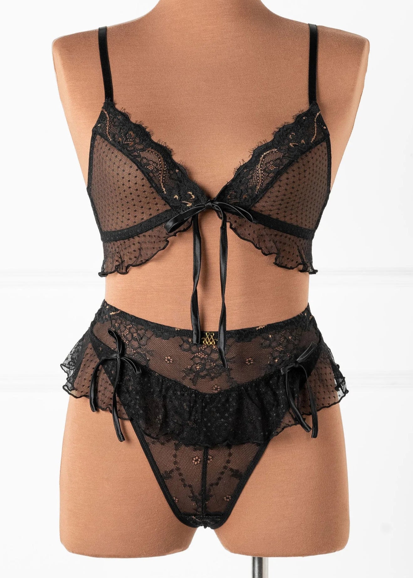 Lace & Mesh Ruffle Bralette - Black