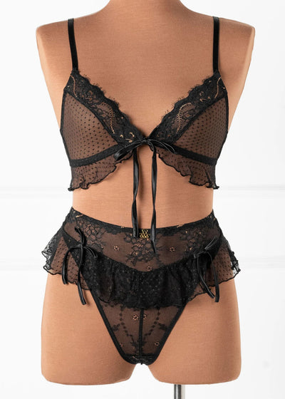Lace & Mesh Ruffle Bralette - Black