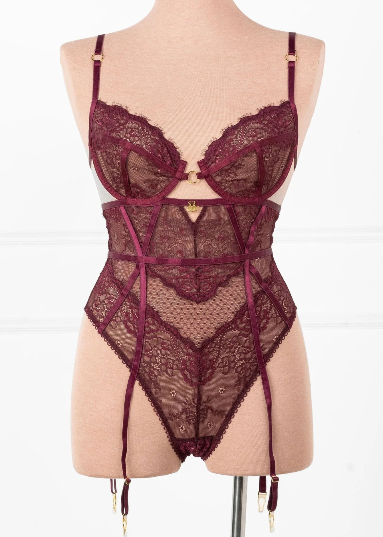 Eyelash Lace Crotchless Garter Teddy - Cherry Lacquer