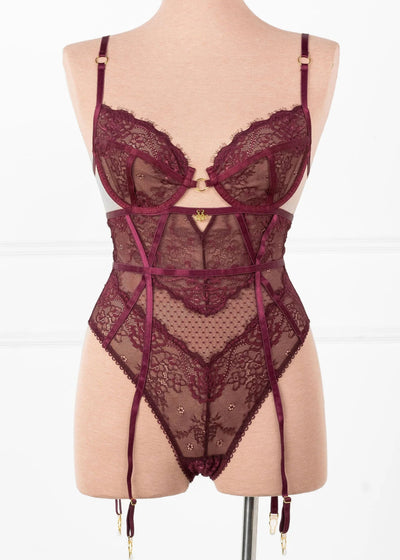 Eyelash Lace Crotchless Garter Teddy - Cherry Lacquer