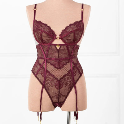 Eyelash Lace Crotchless Garter Teddy - Cherry Lacquer