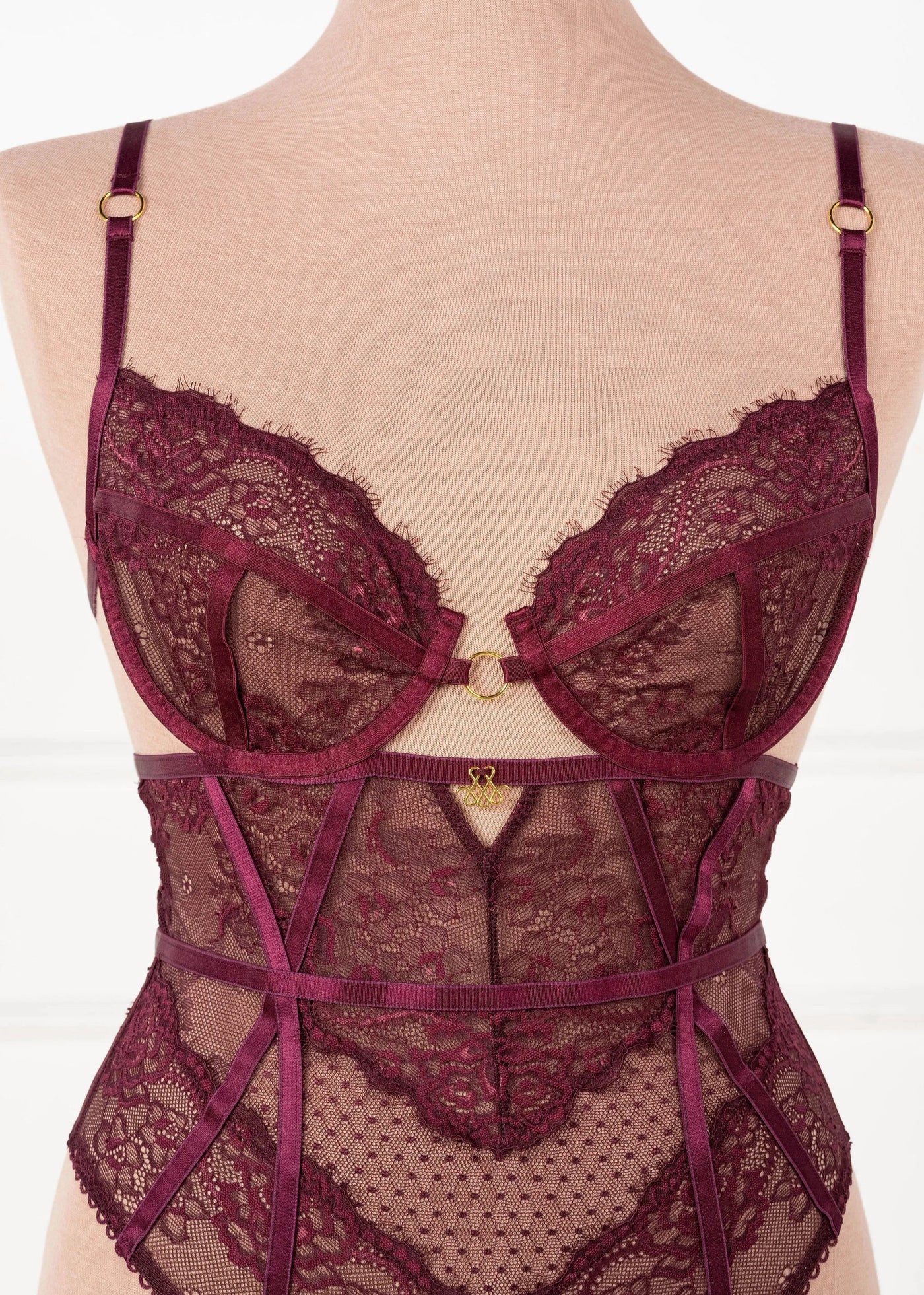 Eyelash Lace Crotchless Garter Teddy - Cherry Lacquer