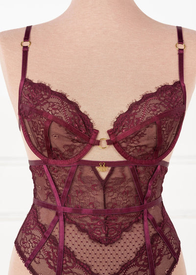 Eyelash Lace Crotchless Garter Teddy - Cherry Lacquer