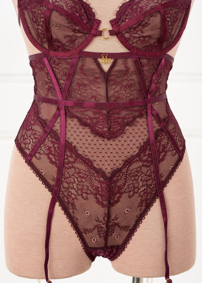 Eyelash Lace Crotchless Garter Teddy - Cherry Lacquer