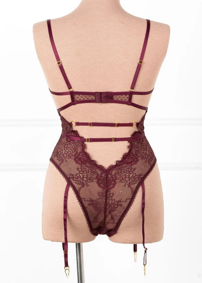 Eyelash Lace Crotchless Garter Teddy - Cherry Lacquer