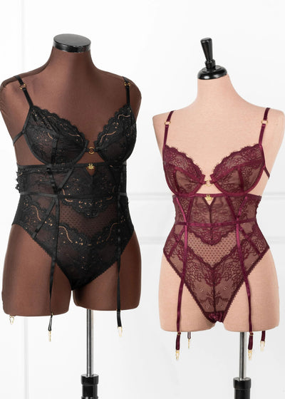 Eyelash Lace Crotchless Garter Teddy - Cherry Lacquer