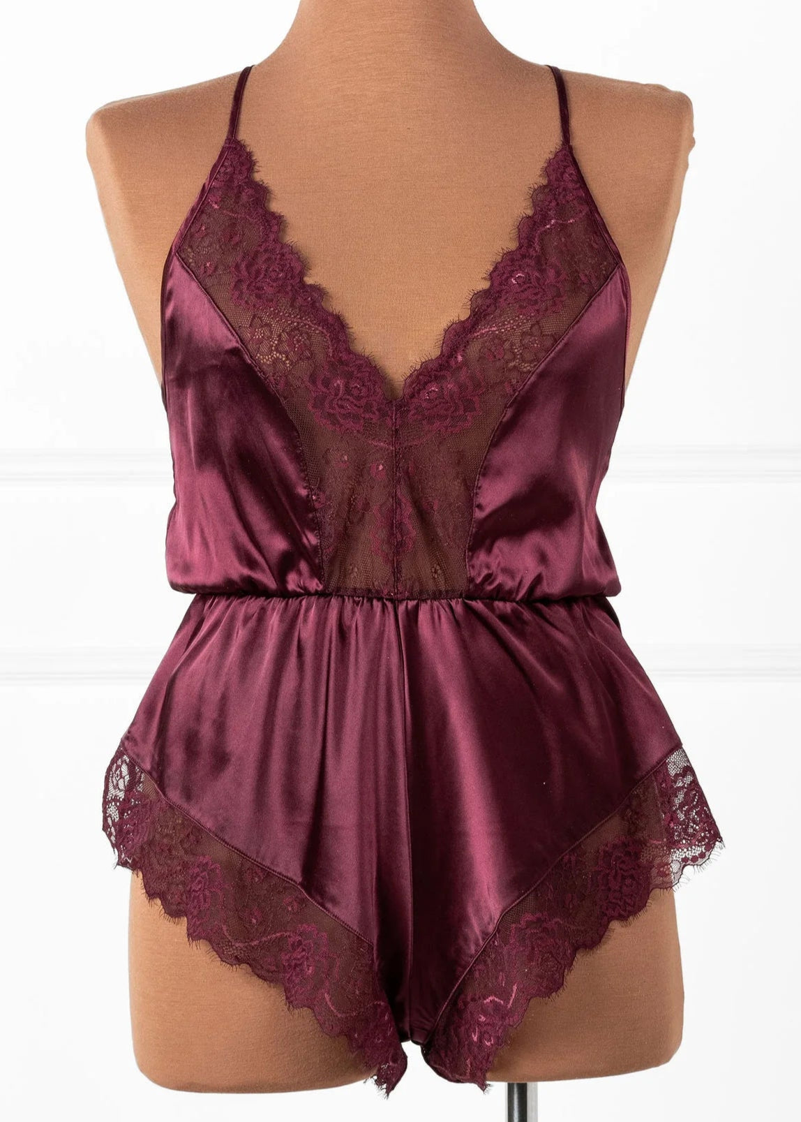 Lacy Plunge Satin Scalloped Romper - Cherry Lacquer