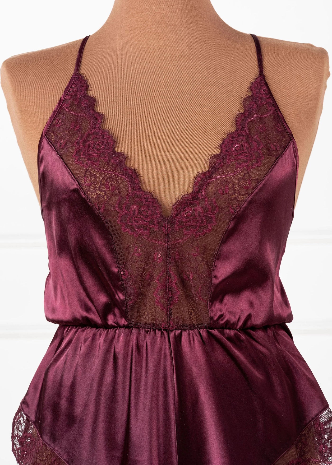 Lacy Plunge Satin Scalloped Romper - Cherry Lacquer