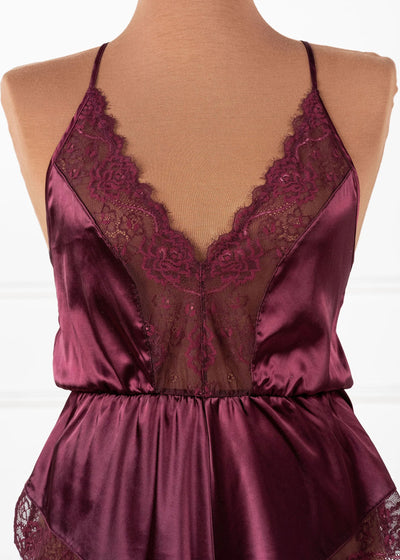 Lacy Plunge Satin Scalloped Romper - Cherry Lacquer