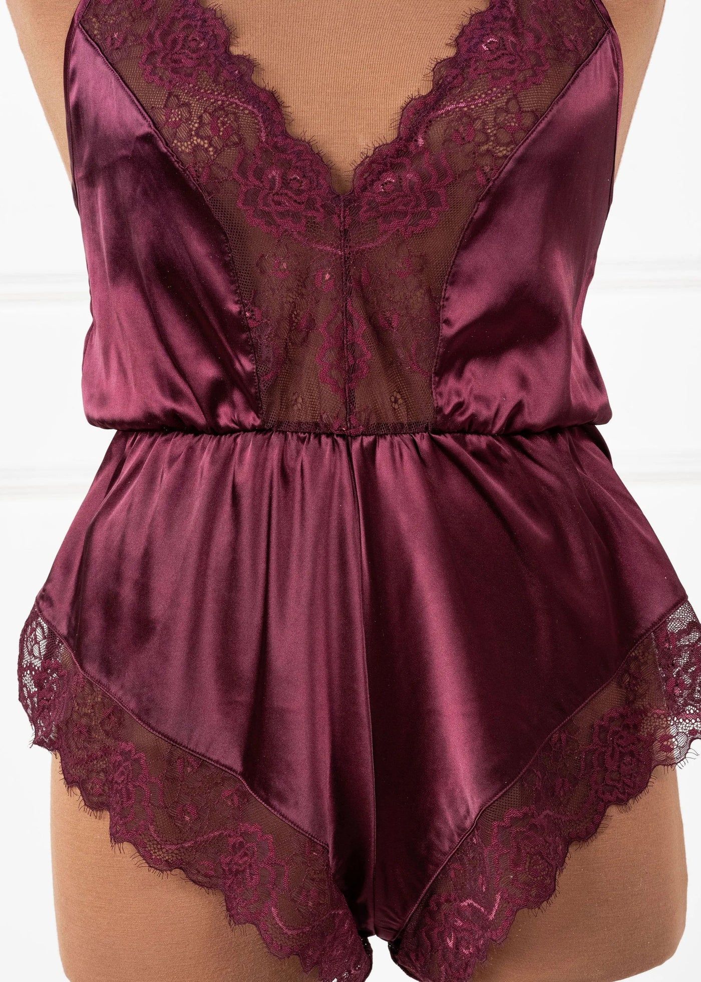 Lacy Plunge Satin Scalloped Romper - Cherry Lacquer