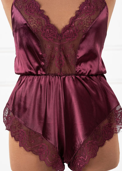 Lacy Plunge Satin Scalloped Romper - Cherry Lacquer