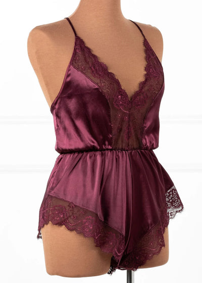 Lacy Plunge Satin Scalloped Romper - Cherry Lacquer