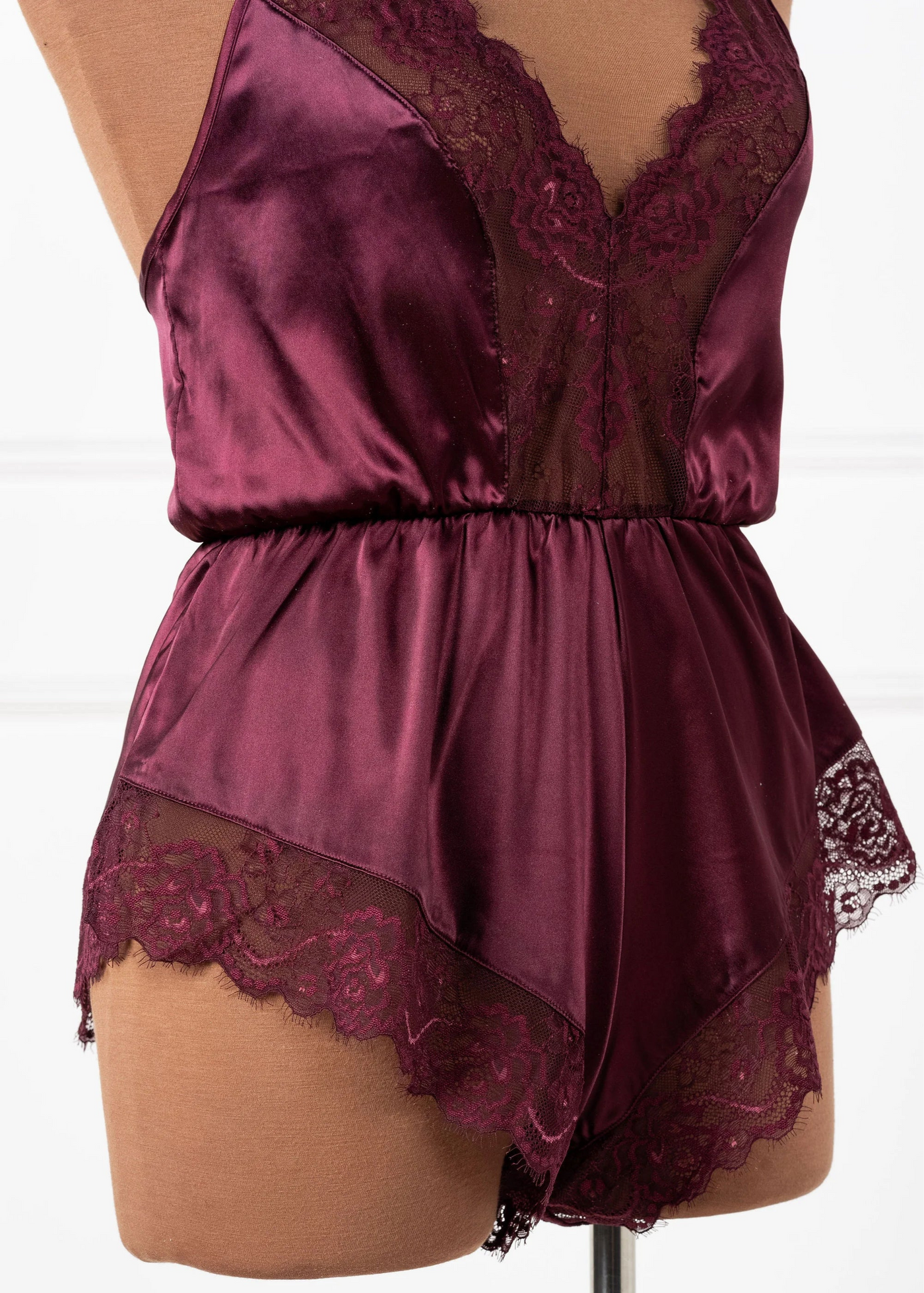 Lacy Plunge Satin Scalloped Romper - Cherry Lacquer