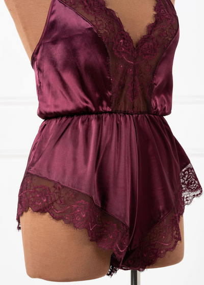 Lacy Plunge Satin Scalloped Romper - Cherry Lacquer