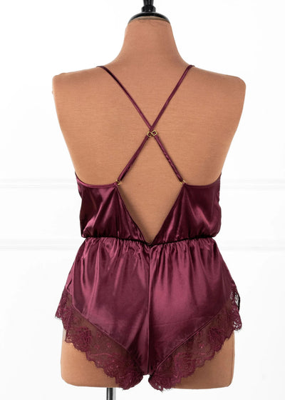 Lacy Plunge Satin Scalloped Romper - Cherry Lacquer