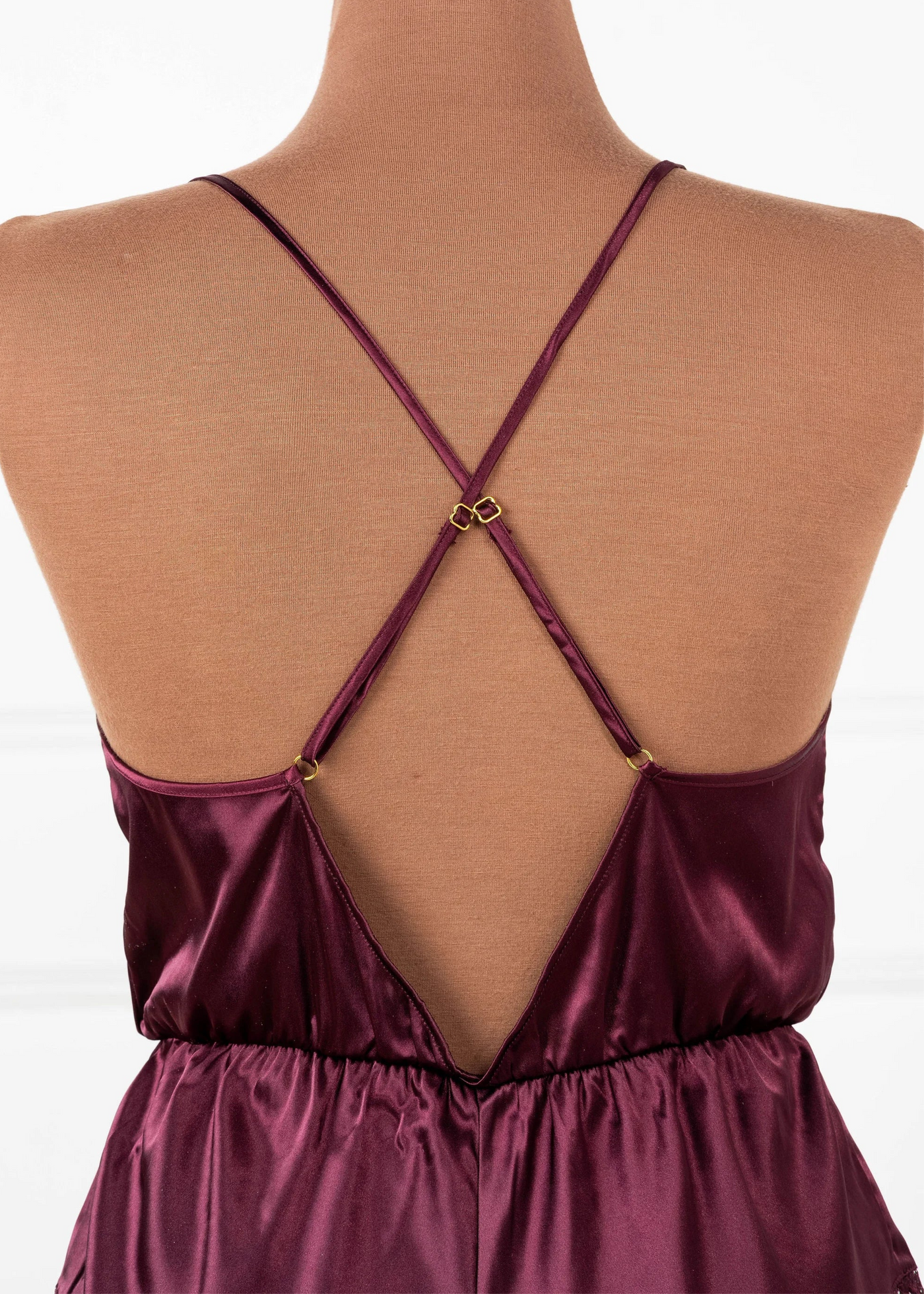 Lacy Plunge Satin Scalloped Romper - Cherry Lacquer