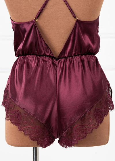 Lacy Plunge Satin Scalloped Romper - Cherry Lacquer
