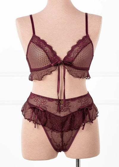 Lace & Mesh Ruffle Bralette - Cherry Lacquer