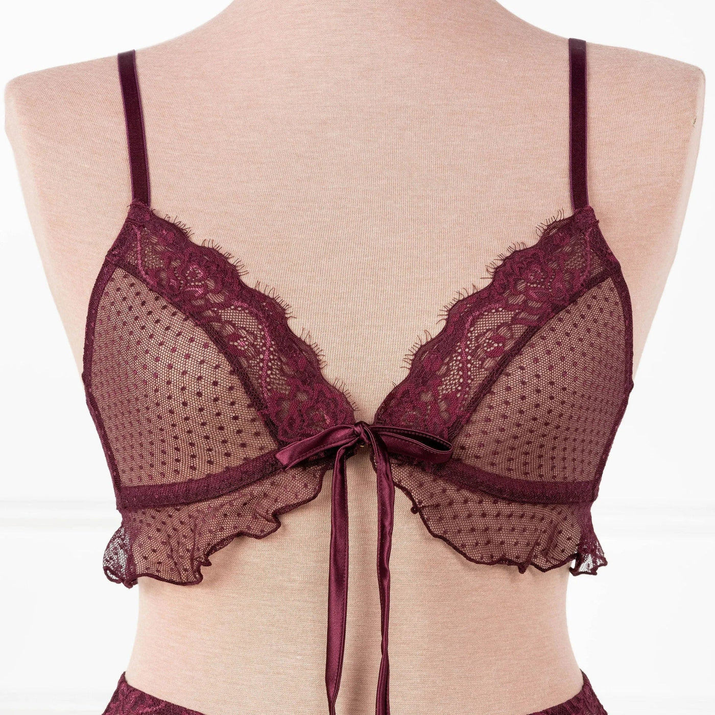 Lace & Mesh Ruffle Bralette - Cherry Lacquer