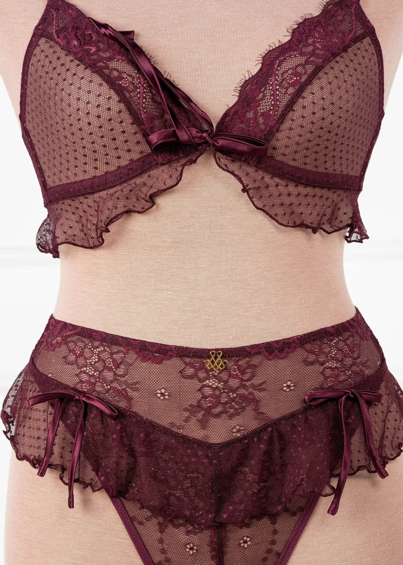 Lace & Mesh Ruffle Bralette - Cherry Lacquer