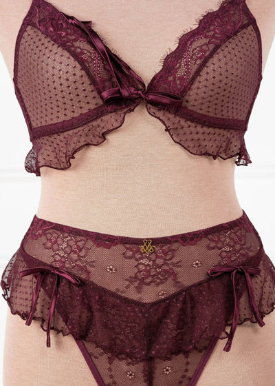 Lace & Mesh Ruffle Bralette - Cherry Lacquer