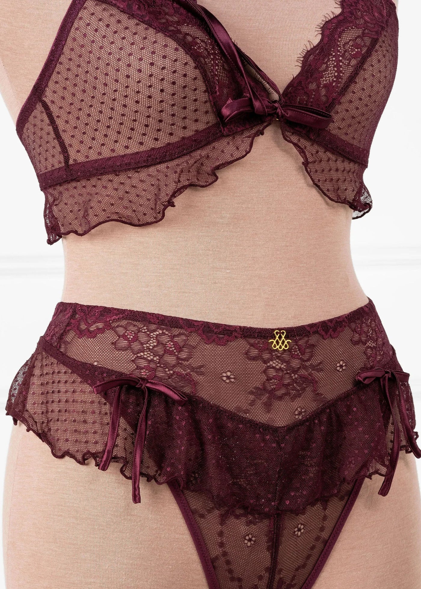 Lace & Mesh Ruffle Bralette - Cherry Lacquer