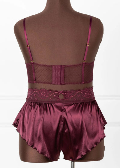 High Waist Lacy Satin Tap Shorts - Cherry Lacquer