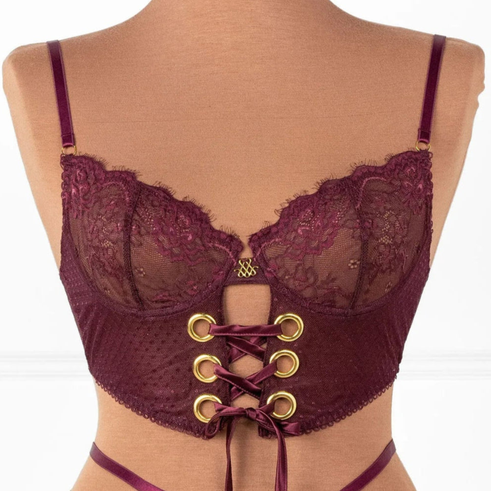 Eyelash Lace Underwire Lace Up Bustier - Cherry Lacquer