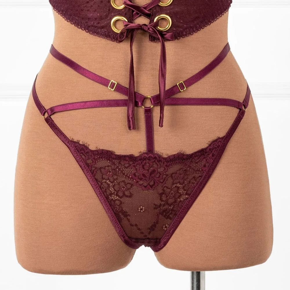 Lacy Strappy Thong - Cherry Lacquer