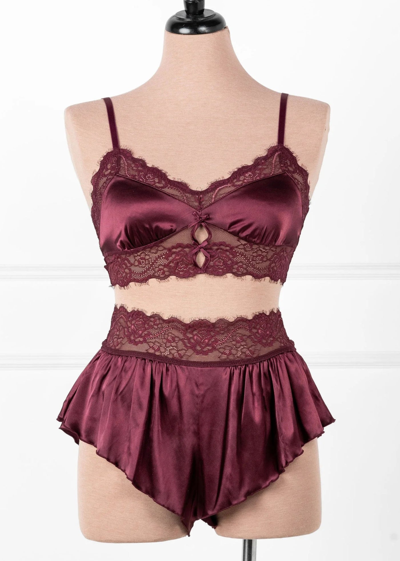High Waist Lacy Satin Tap Shorts - Cherry Lacquer