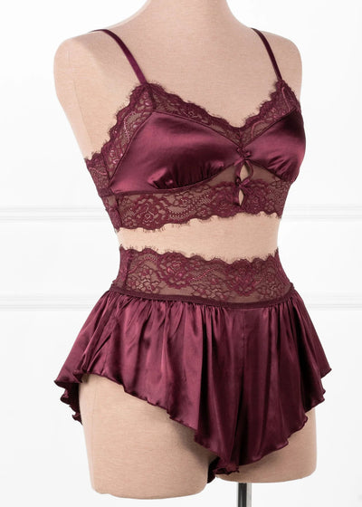 High Waist Lacy Satin Tap Shorts - Cherry Lacquer