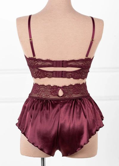 High Waist Lacy Satin Tap Shorts - Cherry Lacquer