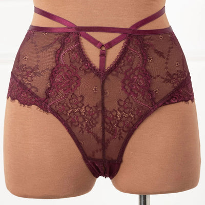 Strappy High Waist Crotchless Panty - Cherry Lacquer