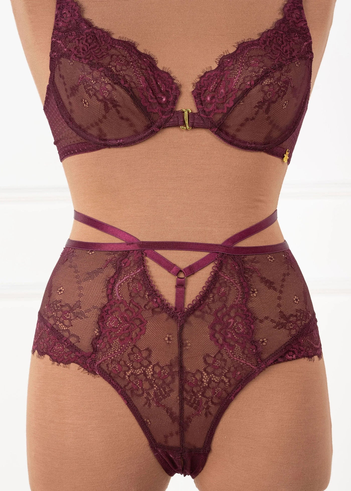 Strappy High Waist Crotchless Panty - Cherry Lacquer