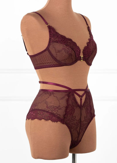 Strappy High Waist Crotchless Panty - Cherry Lacquer