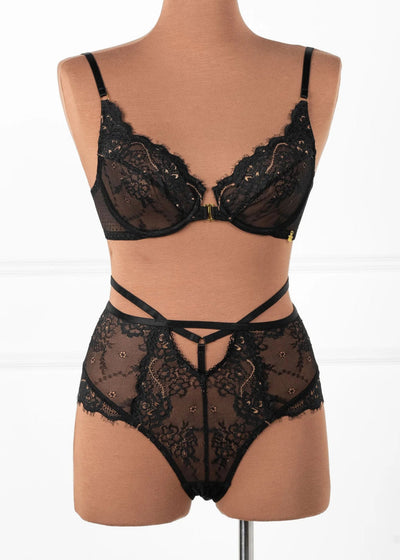 Strappy High Waist Crotchless Panty - Black