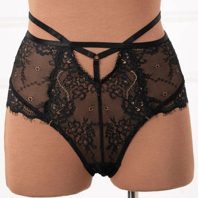 Strappy High Waist Crotchless Panty - Black