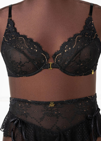 Eyelash Lace Underwire Balconette Bralette - Black