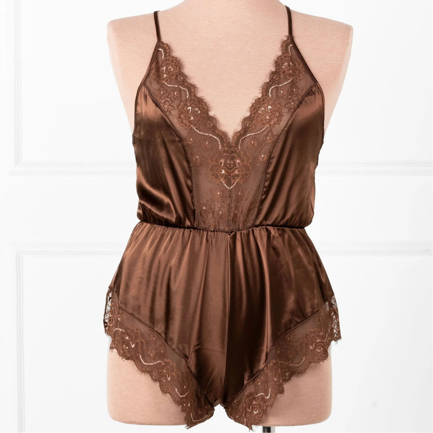 Lacy Plunge Satin Scalloped Romper - Chocolate
