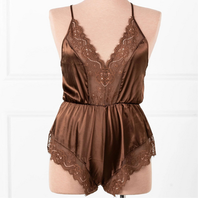 Lacy Plunge Satin Scalloped Romper - Chocolate