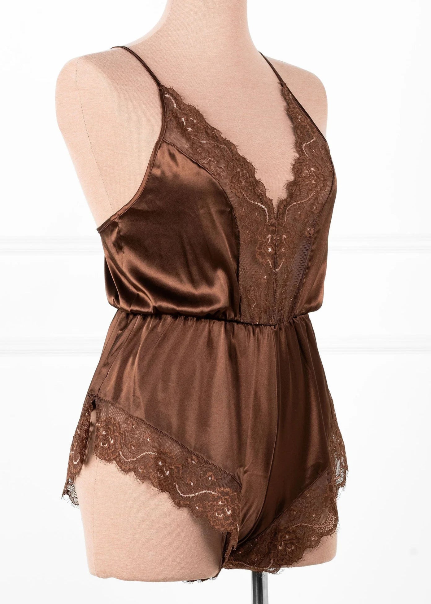 Lacy Plunge Satin Scalloped Romper - Chocolate