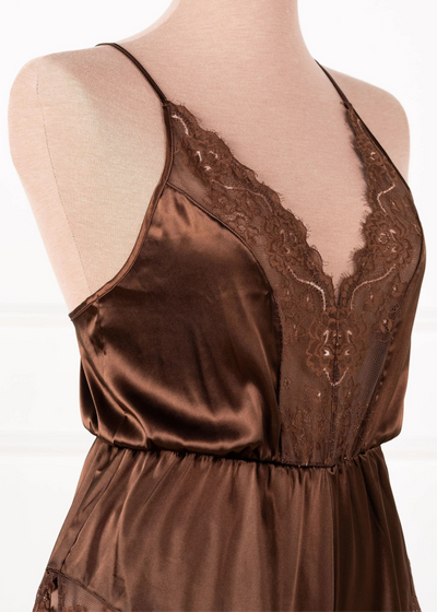 Lacy Plunge Satin Scalloped Romper - Chocolate