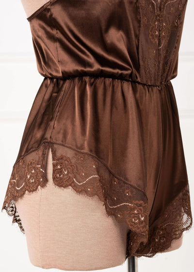 Lacy Plunge Satin Scalloped Romper - Chocolate